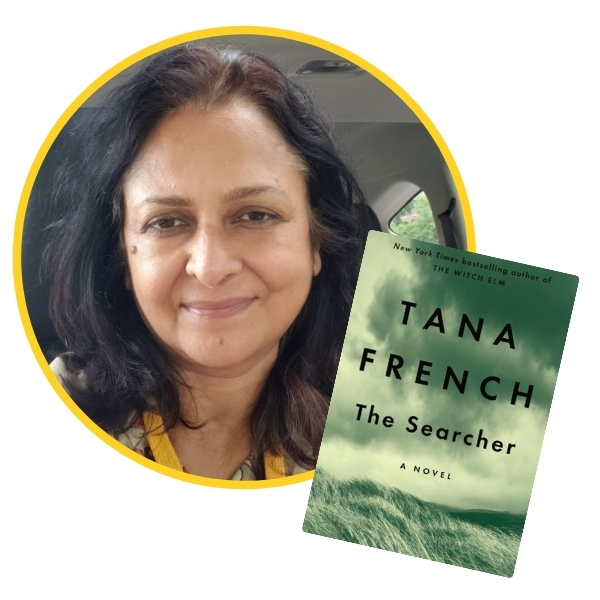 headshot of Kumkum beside book cover of The Searcher by Tana French