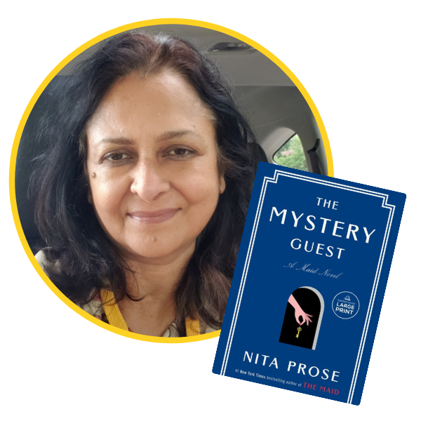 headshot of Kumkum beside the book cover of The Mystery Guest