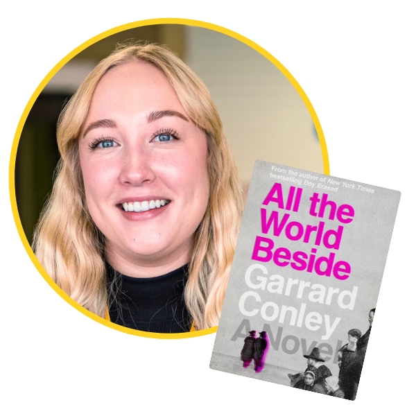 headshot of Kathleen beside book cover