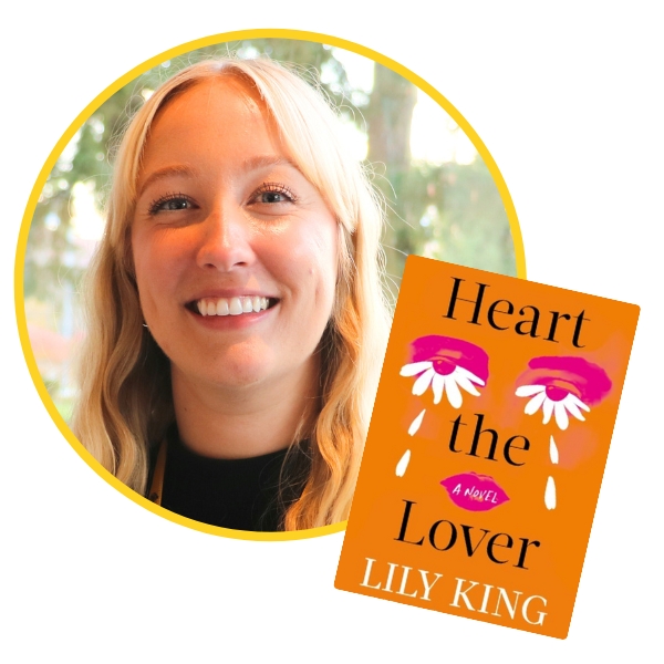 headshot of Kathleen beside book cover