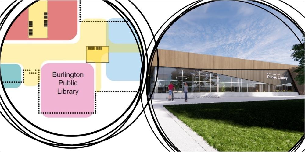artist concept of southeast facility floor plan and view of library branch exterior