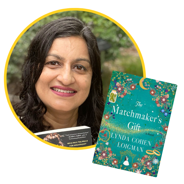 headshot of Deepti beside the book cover of The Matchmaker's Gift