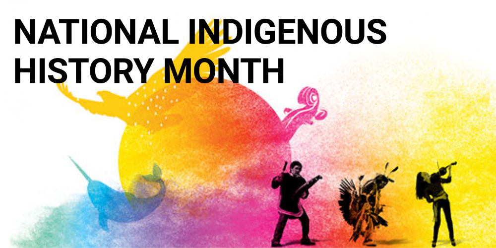 National Indigenous History Month #NIHM2023 image of eagle and narwhal superimposed over a moon in gradient of bright colours