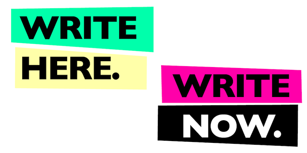 Write Here Write Now logo text in block letters on neon background