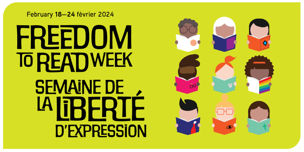 text Freedom to Read Week, February 18 to 24 beside nine illustrated people each reading a book