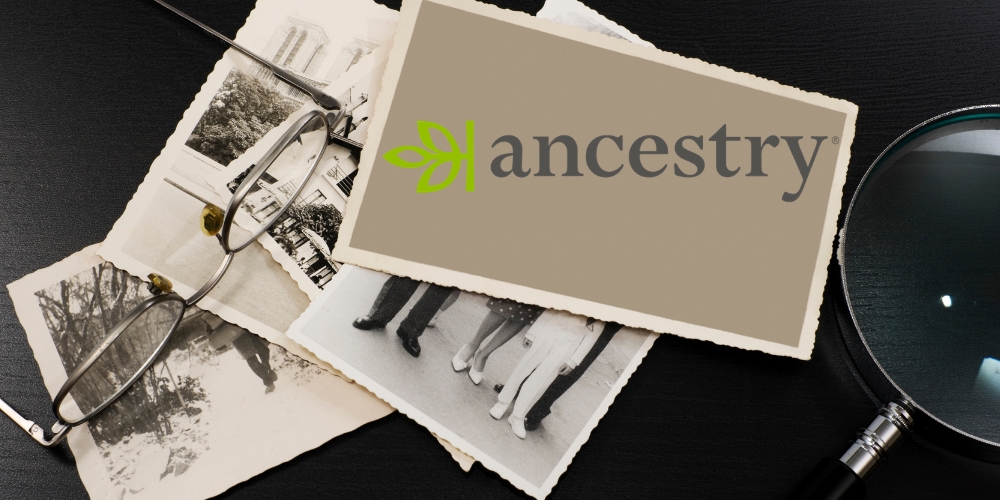 Ancestry logo with old photos in background