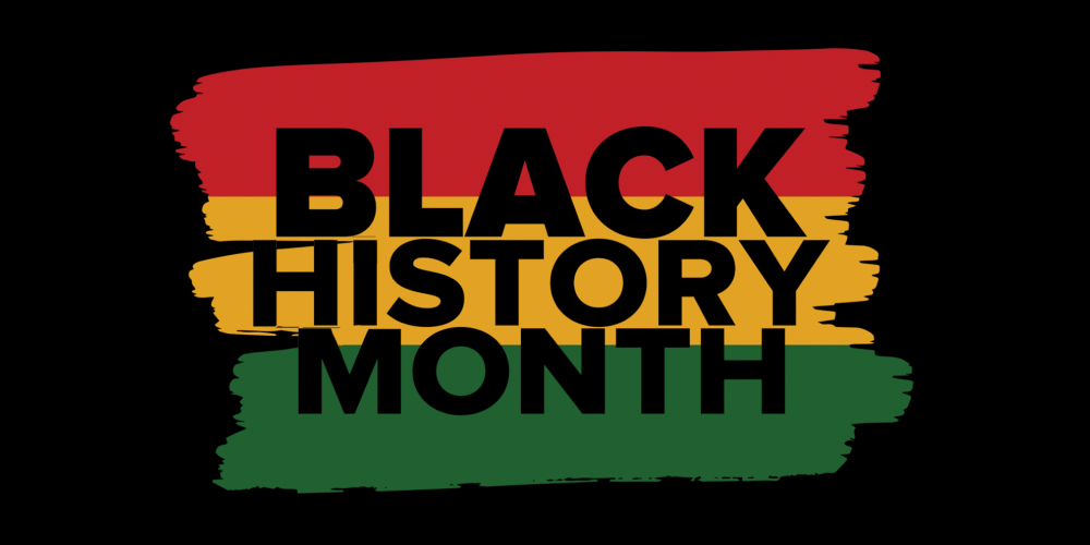 text reads Black History Month with a red, yellow, and green stripe behind the text