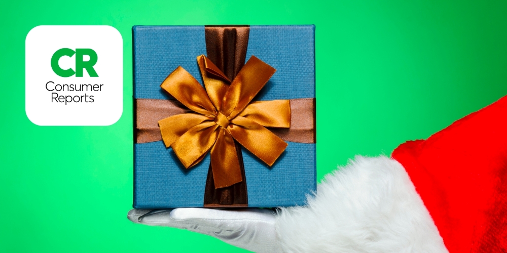 Arm wearing Santa suit holding a wrapped gift