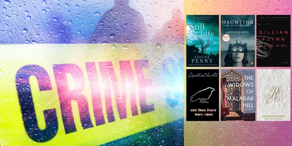 crime tape and six book covers 