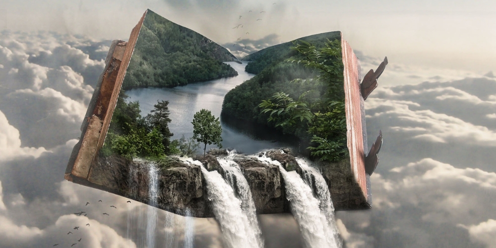 an open book floating on clouds with a forested waterfall coming out of the pages