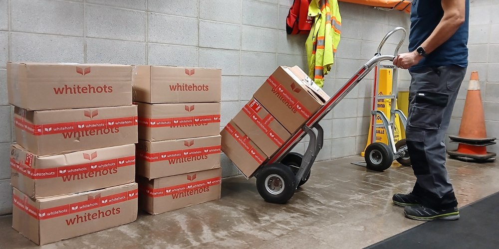 adult moving stack of boxes of Whitehots books