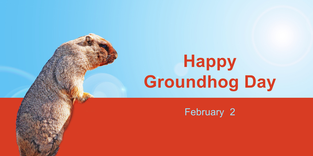 standing groundhog beside text Happy Groundhog Day February 2