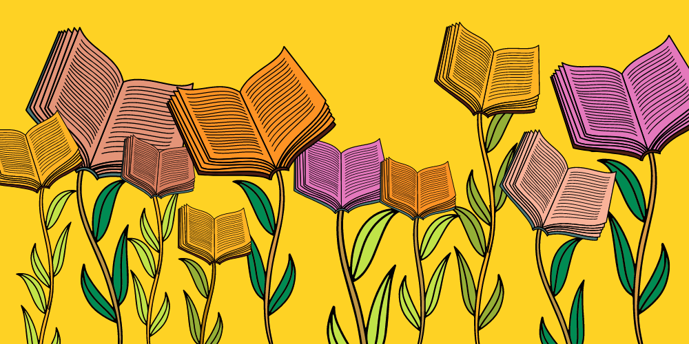 illustration of various open books on stems with leaves