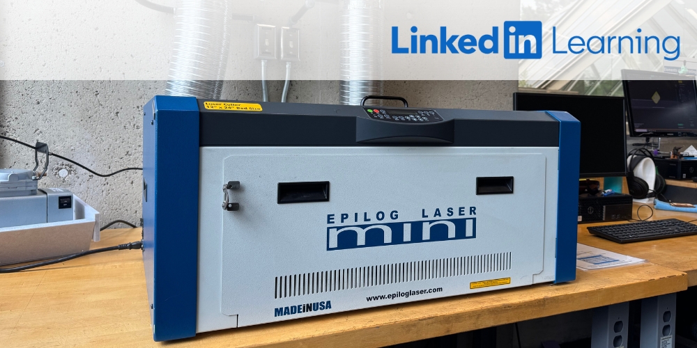 laser cutter beside LinkedIn Learning logo