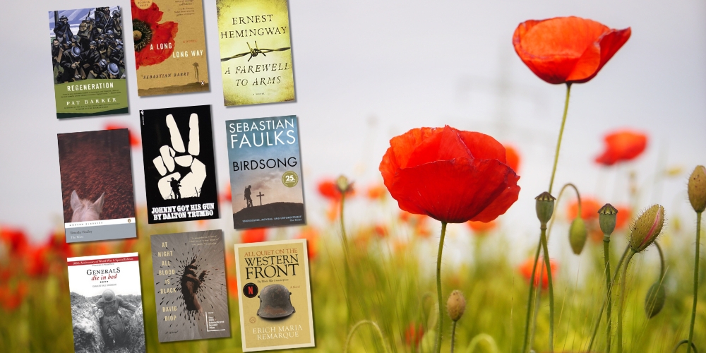 collage of book covers beside a field of red poppies 