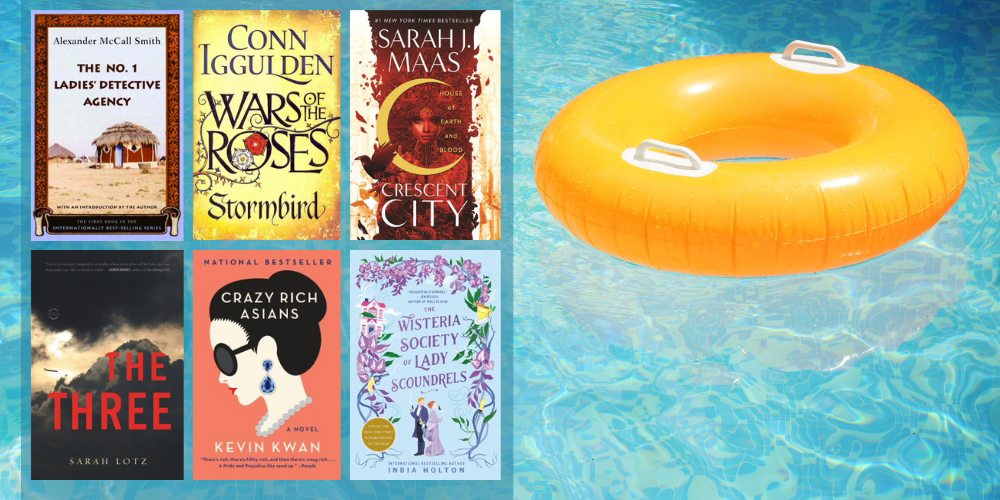 swimming pool and yellow inflated tube with six book covers superimposed