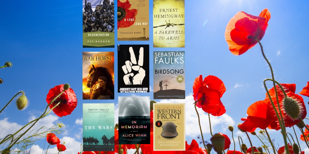 collage of book covers beside a field of red poppies